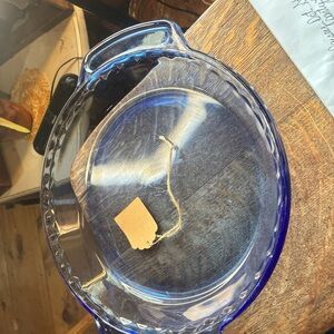 Anchor Hocking Blue Glass Pie Dish fluted with handles 9 inches